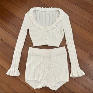 For Love & Lemons Cream Knit Ruffle Cropped Cardigan & Shorts Set